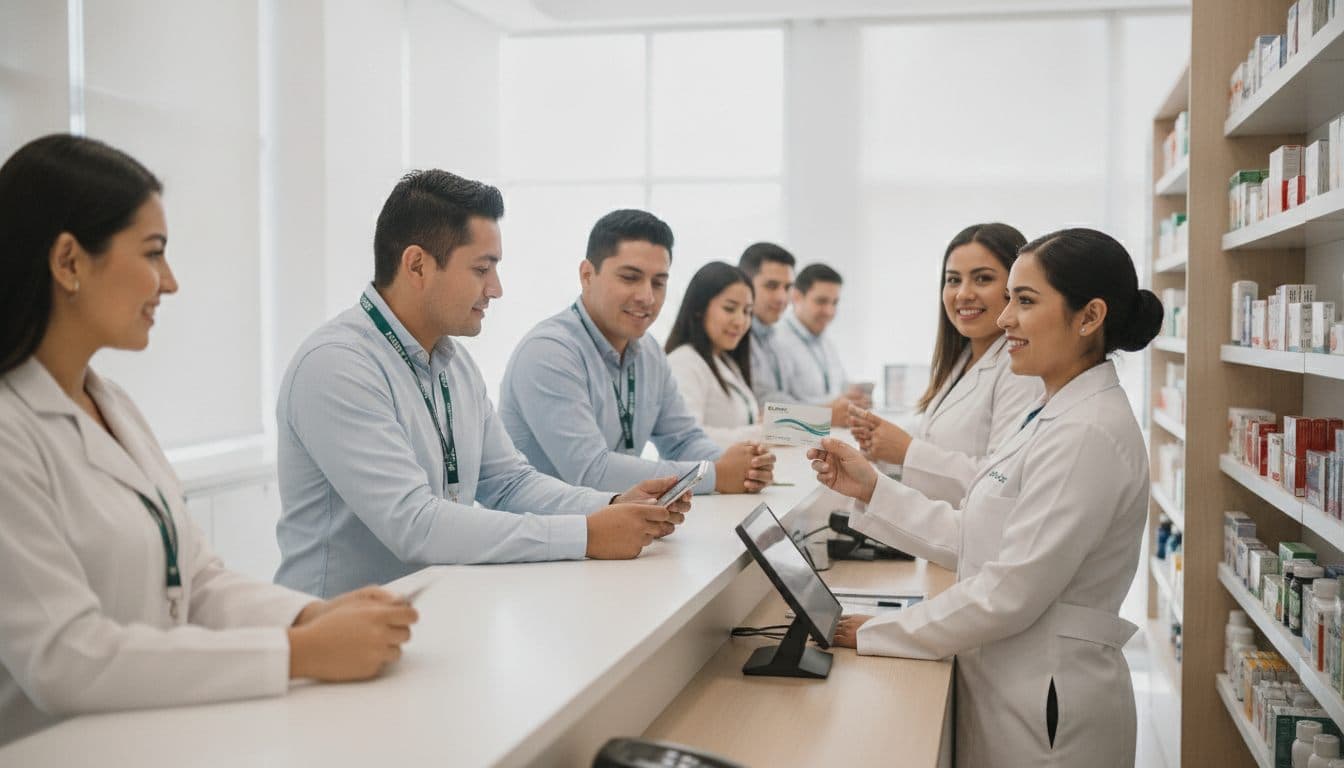Empleados usando su convenio médico en el mostrador de una clínica