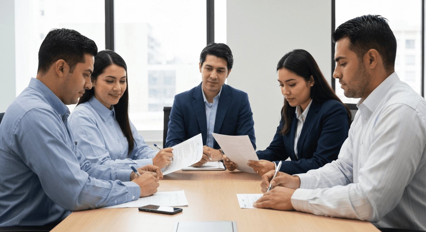 Equipo de empleados de una empresa mexicana formando una comisión de seguridad e higiene en una reunión, revisando documentos de prevención de riesgos laborales.