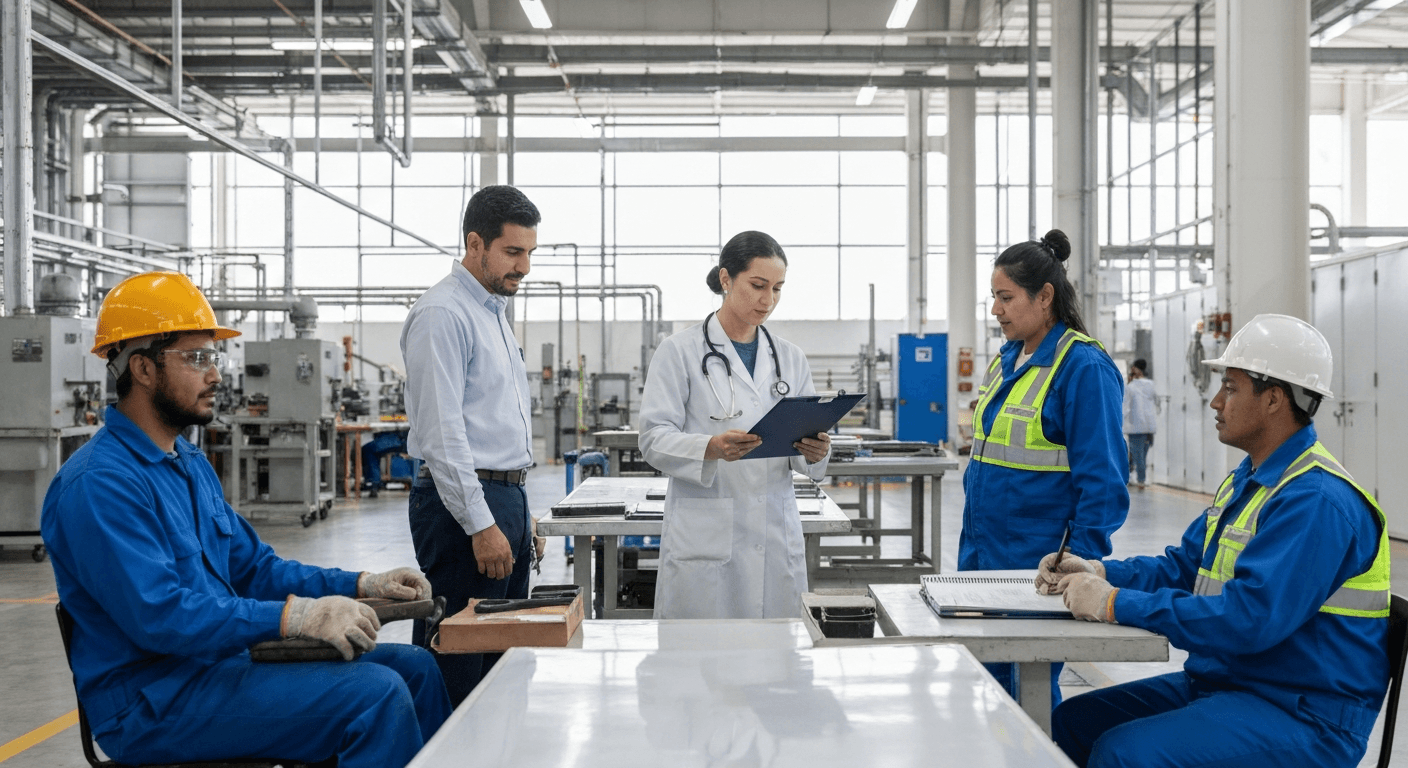 Profesionales de salud ocupacional mexicanos realizando una evaluación integral en un entorno industrial.