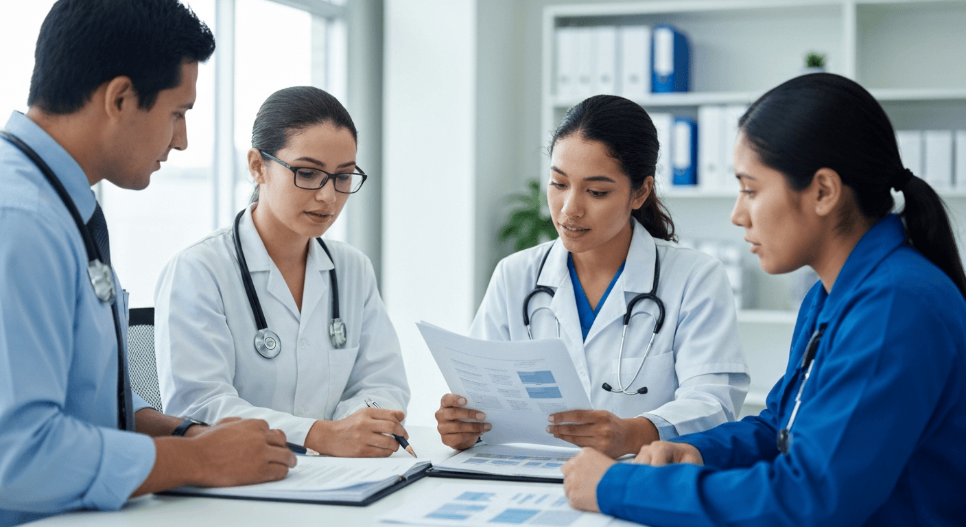 Equipo de salud ocupacional revisando un dictamen médico de riesgo de trabajo en una oficina industrial mexicana.