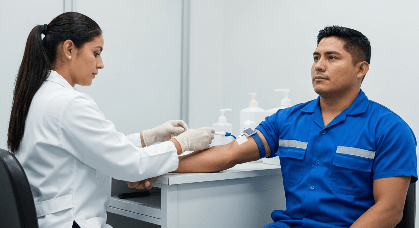 Profesional de la salud tomando muestra de sangre a un trabajador en un laboratorio ocupacional en México.