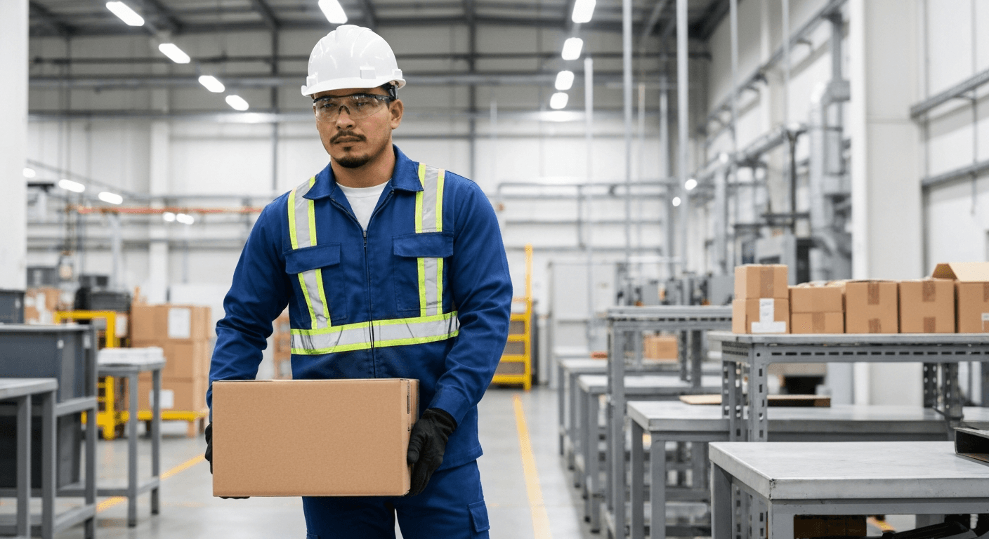 Trabajador mexicano levantando una caja de forma segura en un entorno industrial, mostrando la prevención de riesgos ergonómicos.