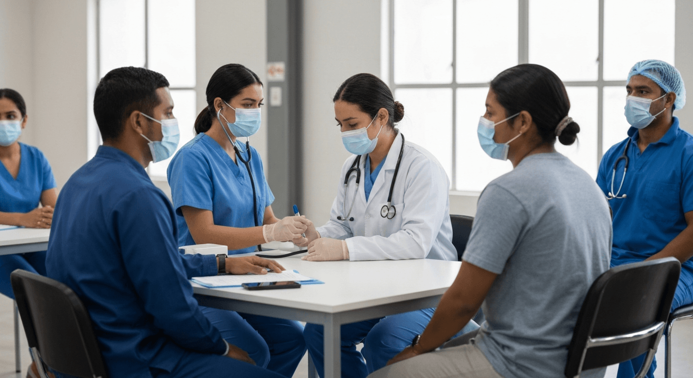 Profesionales de la salud realizando exámenes médicos periódicos a trabajadores en una empresa mexicana.