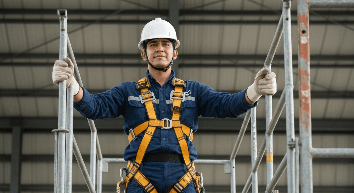 Trabajador mexicano con equipo de seguridad, casco y arnés, en una estructura elevada, simbolizando la seguridad en trabajo en alturas tras exámenes médicos.