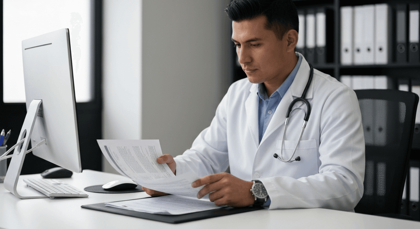 Profesional de salud ocupacional revisando expediente clínico en una oficina de empresa mexicana.