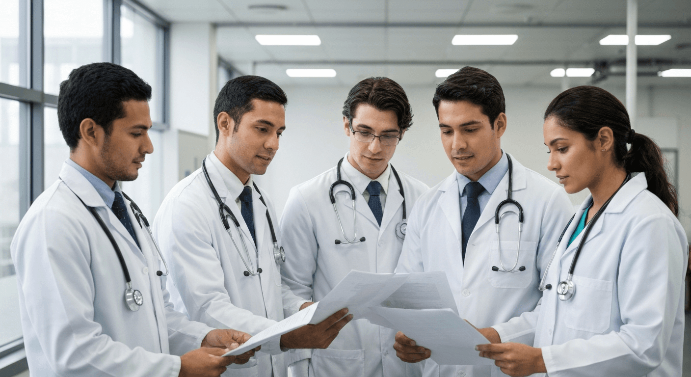 Profesionales de la salud ocupacional analizando datos en un entorno empresarial moderno