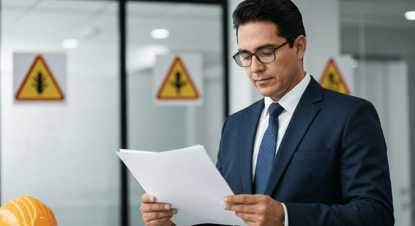 Empresario mexicano revisando documentos de salud ocupacional en una oficina.