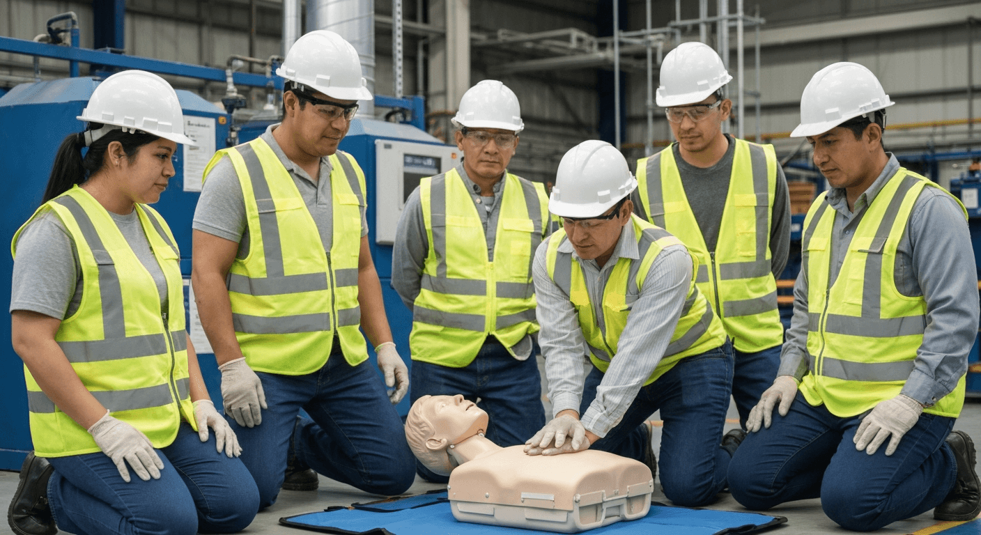 Trabajadores mexicanos recibiendo capacitación en primeros auxilios en un entorno industrial