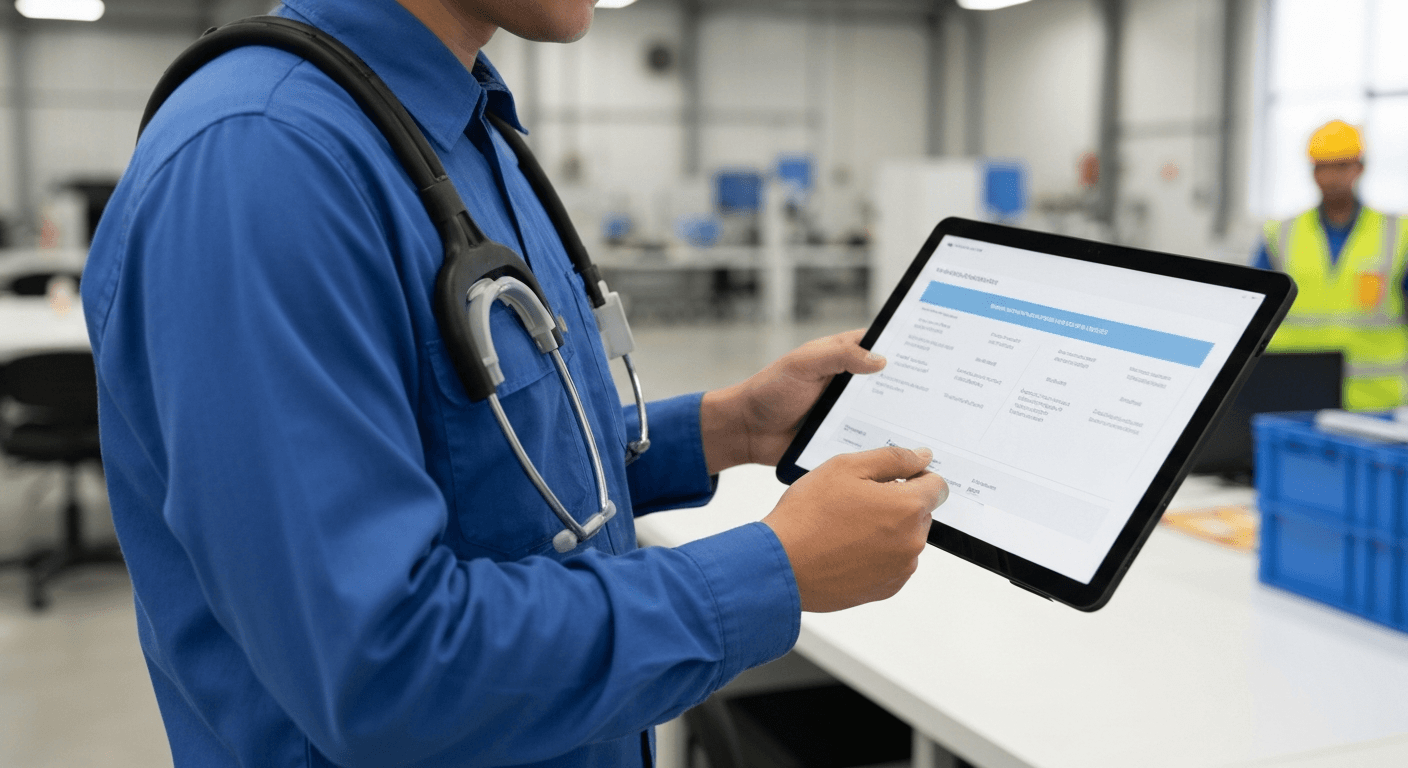 Profesionales de salud ocupacional en México revisando un plan de programa integral para una empresa