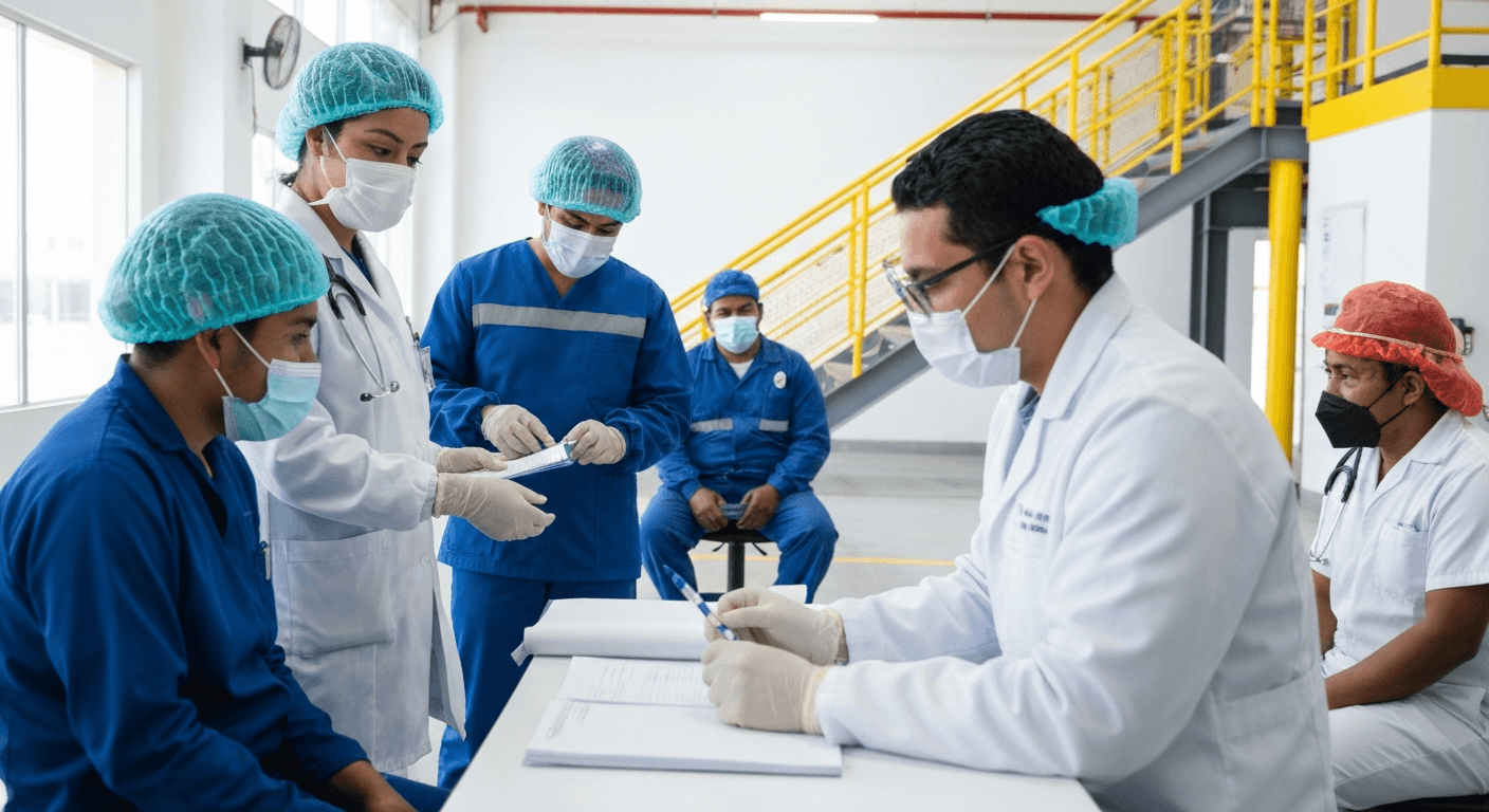 Profesionales de la salud ocupacional realizando un programa de vigilancia de la salud en una planta industrial mexicana