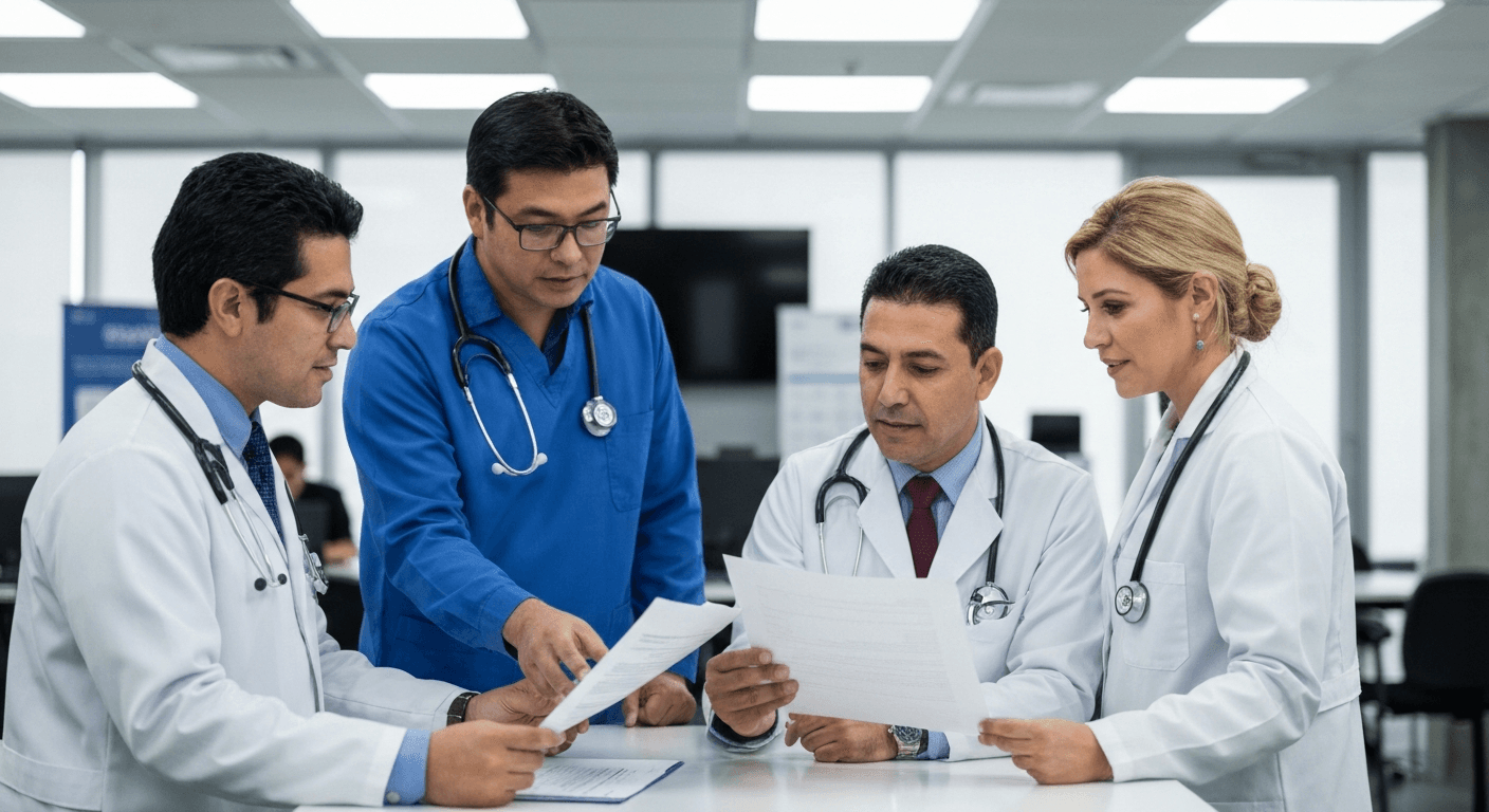 Profesionales de la salud ocupacional revisando protocolos de exámenes médicos para trabajadores industriales en México.