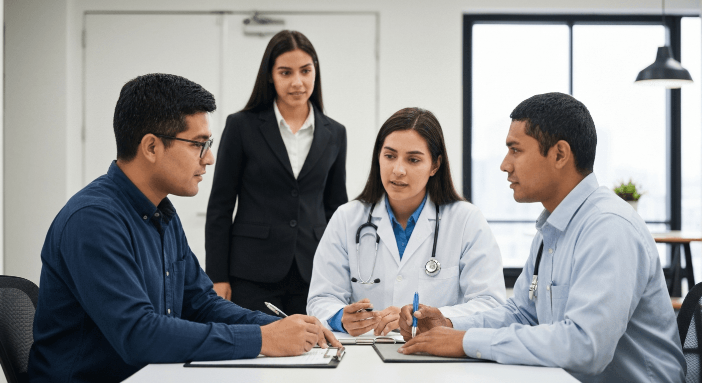 Profesionales de recursos humanos y salud ocupacional colaborando en la reincorporación laboral de un empleado en una oficina moderna.