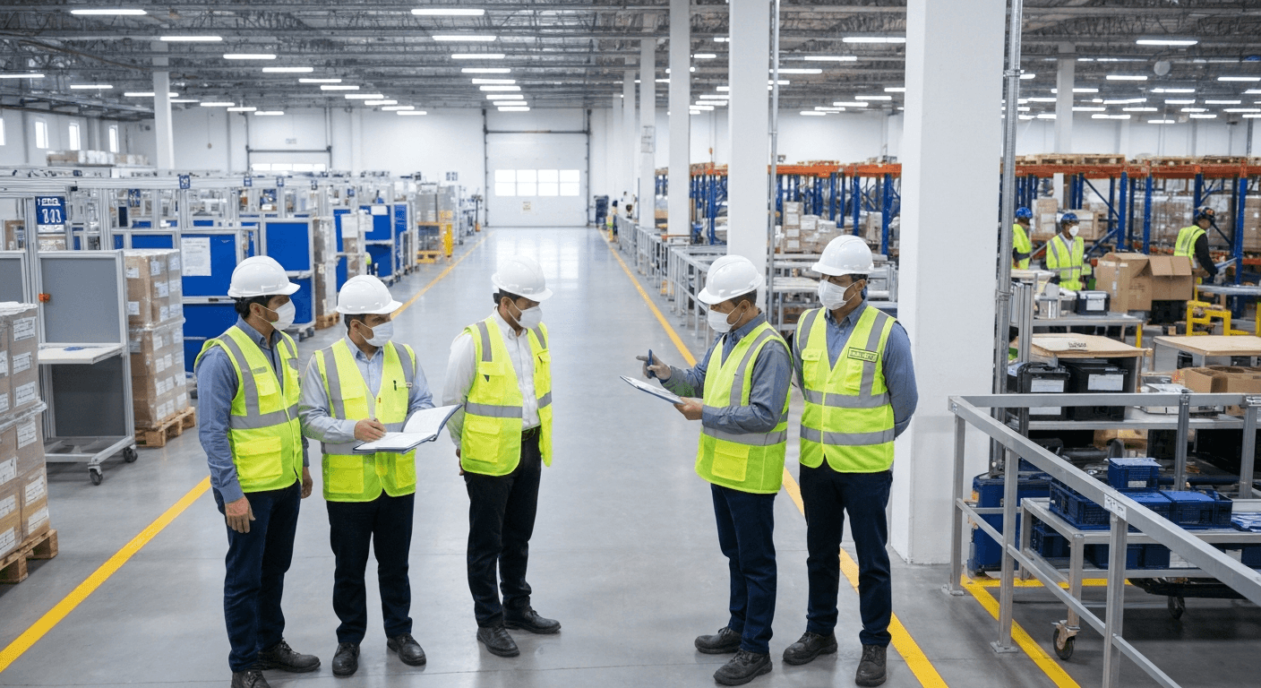 Profesionales de salud ocupacional revisando documentación con un gerente de seguridad en una planta industrial mexicana, enfocados en la gestión de contratistas.