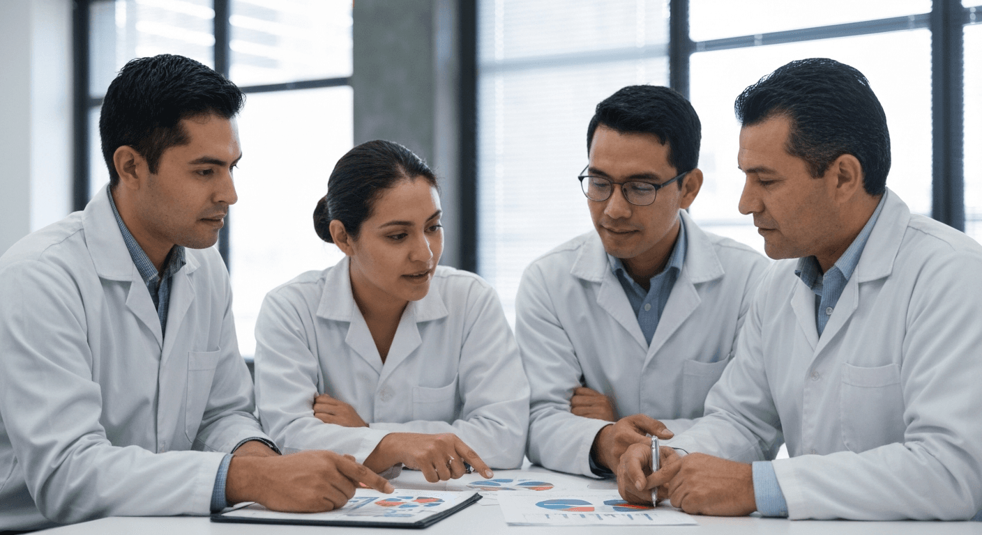 Equipo de profesionales de seguridad y salud en el trabajo revisando documentos del sistema de gestión